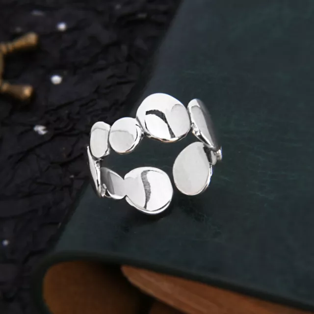 Real S925 Sterling Silver Band Men Women Lucky Irregular Round Disc Open Ring