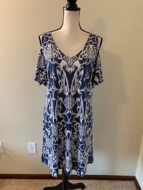 MSK Women Size L Blue V Neck Cold Shoulder Sleeve Shift Dress