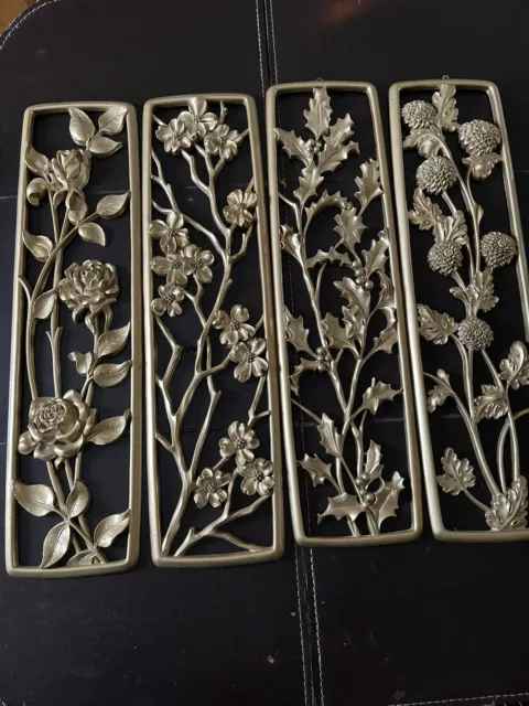 Vintage Syroco Gold Set of 4 Mid Century Modern Four Season Floral Wall Plaques