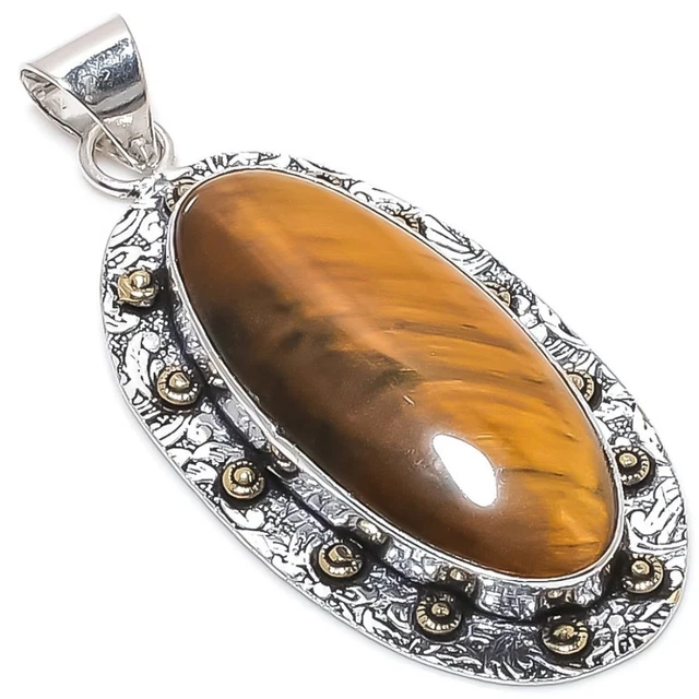Tiger Eye Gemstone 925 Sterling Silver Jewelry Two Tone Pendant 2.64" Easter g55