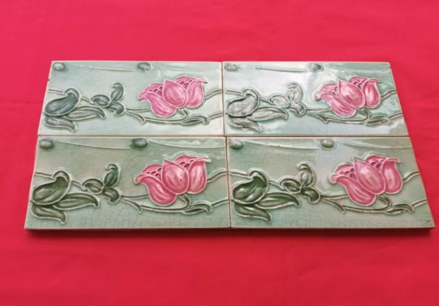 4 Piece Old Art Flower Design Embossed Majolica Ceramic Tiles Japan 0138 2