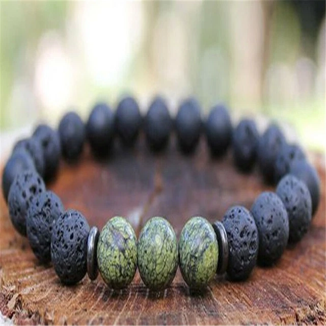 8mm Lava Stone Green Jade "Gemstone Mala Bracelet 7.5inches cuff Stretchy yoga