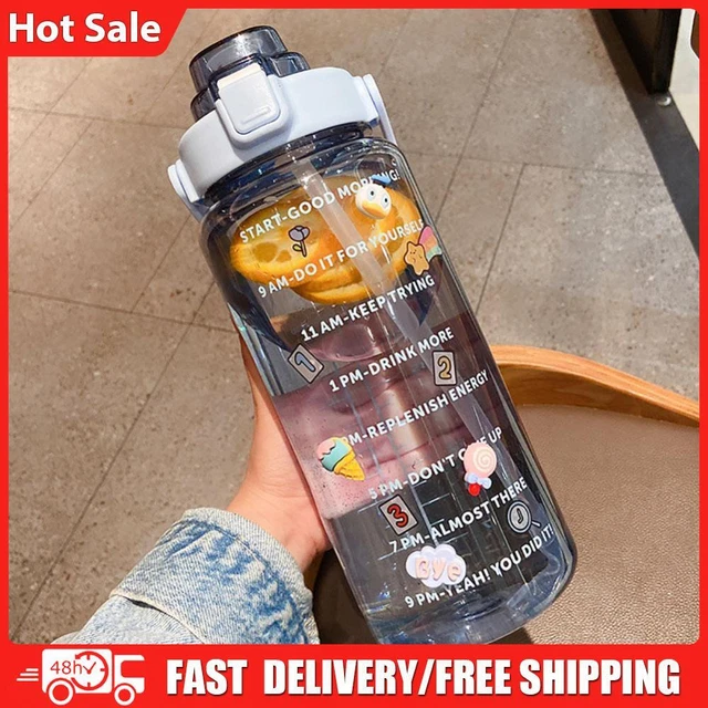 Water Bottle Cup Sport Straw Drinking Jug with Time Scale Stickers (Blue)