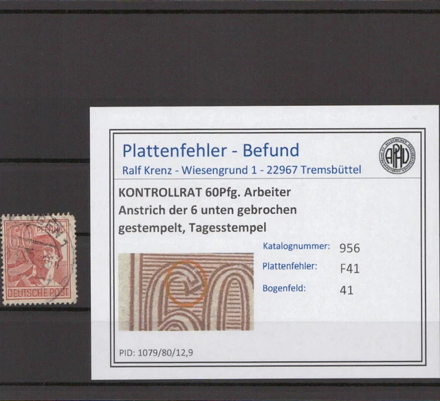 KONTROLLRAT 1947 PLATTENFEHLER Nr 956 F41 gestempelt (215816)