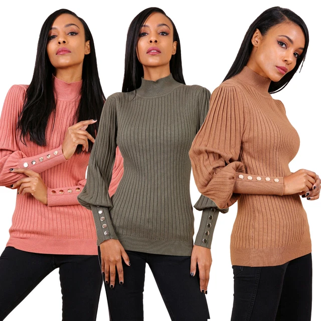 Maglione donna maniche lunghe a sbuffo misto lana aderente collo alto lupetto .