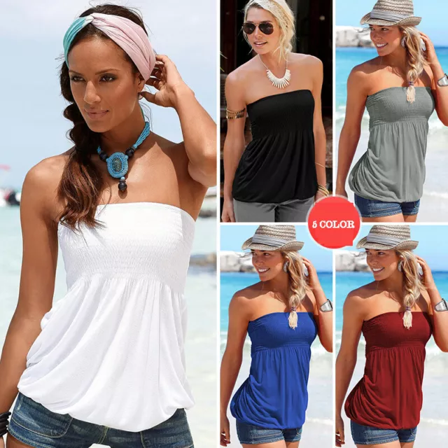 Womens Strapless Bandeau Boob Tube Vest Top Ladies Summer Beach T-Shirt Tank NEW