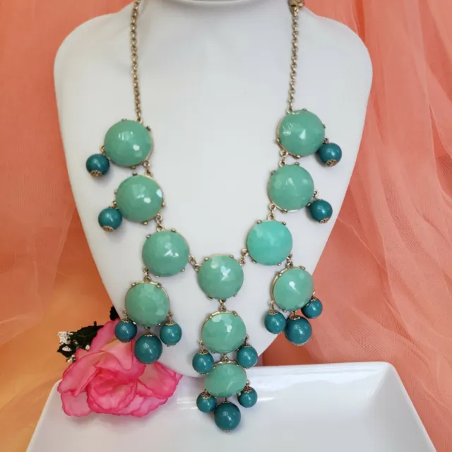 J. CREW Statement Bubble Necklace Green Turquoise Chunky Chic Beads Long Bib