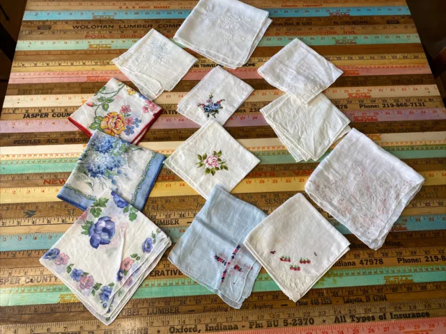 VINTAGE Hanky Floral Embroidery Lot of 12 Handkerchief Linen Cotton Womens