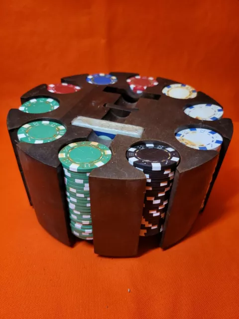 Vintage Poker Chip Set Wood Carousel Caddy & Chips Holds 2 Decks Of Cards, Spins