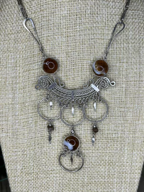 Boho Peruvian Alpaca Silver Dangly White/Brown Glass Bead Necklace Ethnic 1024