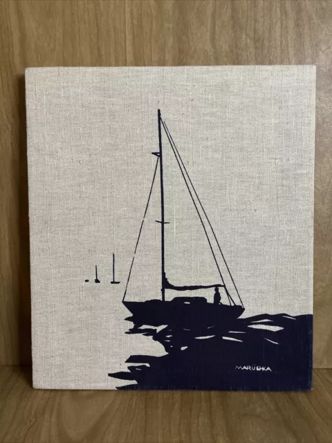 MARUSHKA Vintage Screen Print Canvas Linen Textile Art Sailboat BOAT 14x16"