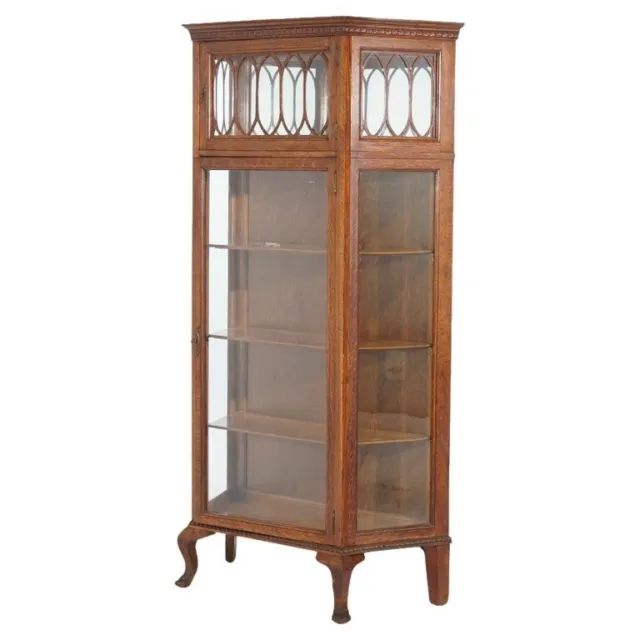 Antique RJ Horner School Oak & Leaded Glass Double Curio Circa 1910