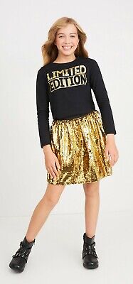 Fabkids Girl's Dazzle 2 Pc Gold Sequin Skirt Black Top Outfit XL 14-16 NWT