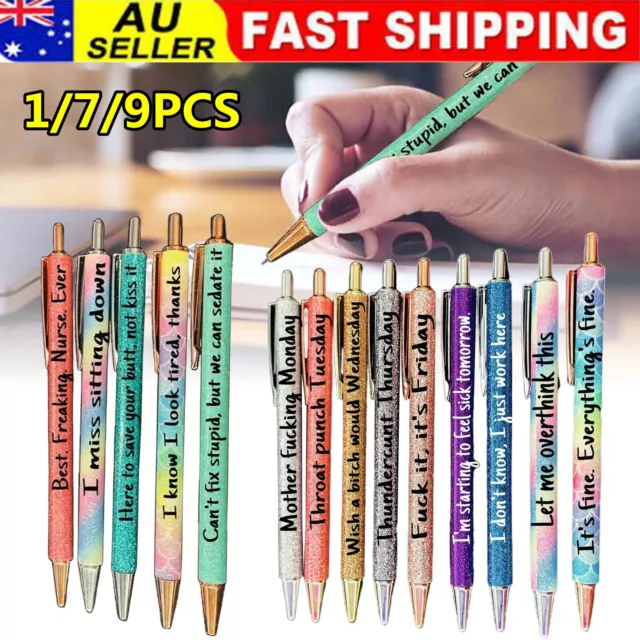 Funny Weekday + Work Glitter Metal Pens - 9 pieces - Beware - offensive  language