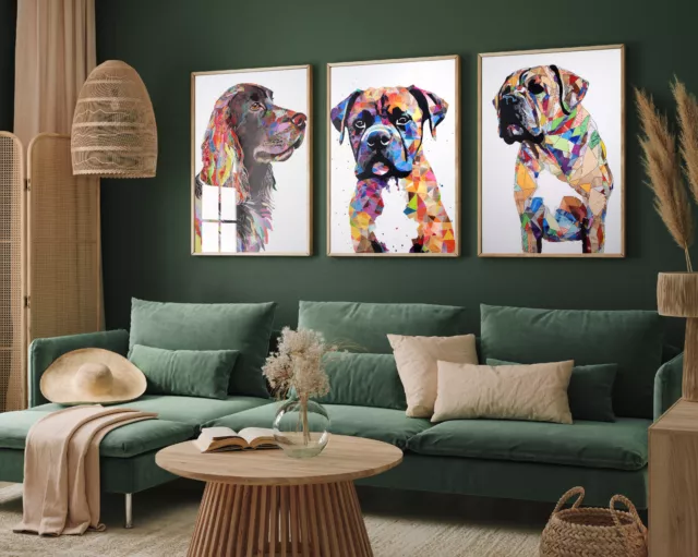 Set of Three Colourful Dog Art Prints - Boxer Spaniel Mastiff Painting Poster