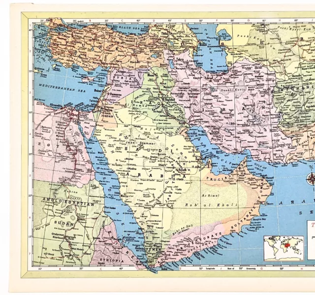 1954 Saudi Arabia Map Aden Protectorate Sultanate of Oman Mecca Jordan Israel