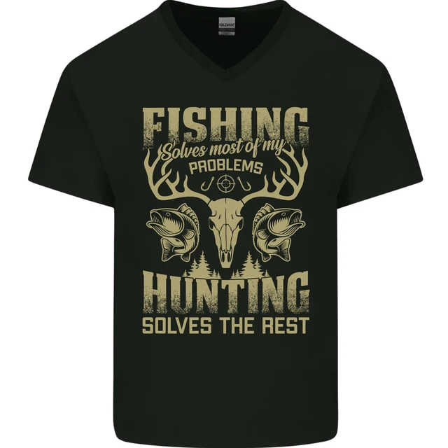 T-shirt divertente da uomo collo a V cotone pescatore e caccia