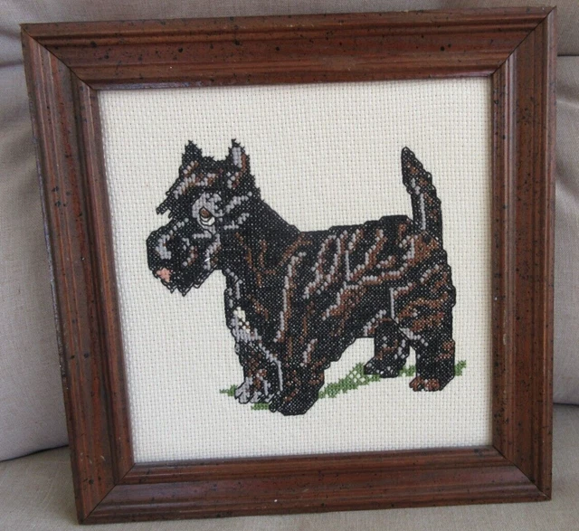 Punto de cruz vintage hecho a mano negro escocés para perro escocés 8,5"" X 8,5"" con fecha 1982