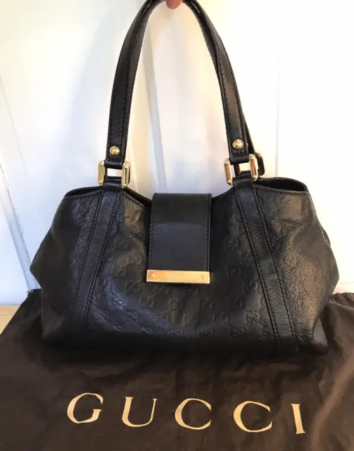 Gucci Black Leather Guccissima Handbag Medium GG Embossed Satchel Tote Bag