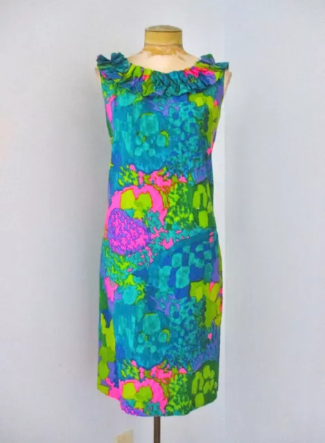 Vtg 60s mod neon pink blue tropical floral sateen Hawaiian dress ruffle neck S