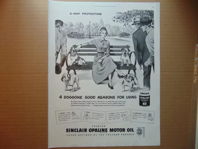 1949 Sinclair Opaline Motor Oil Lady 4 Bulldogs  vintage art print ad