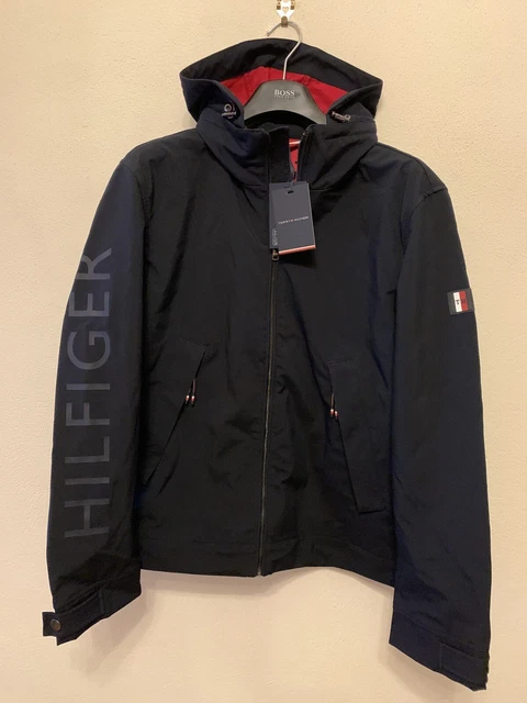 Giacca con cappuccio flessibile da uomo Tommy Hilfiger, blu navy, grande, nuova con etichette prezzo disponibile £210