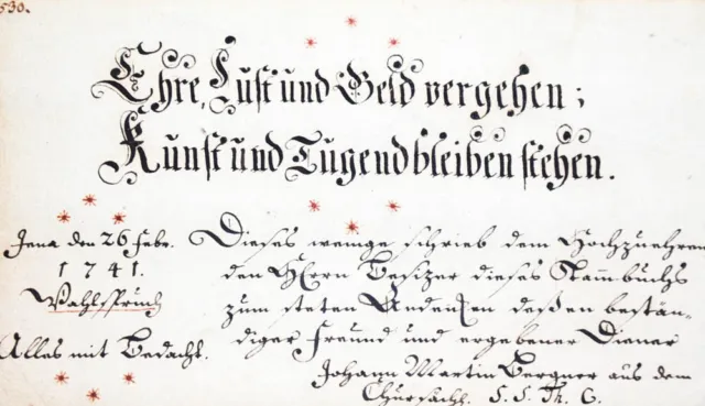 1741 Kalligraphie Album amicorum Jena Hübsches Stammbuch-Blatt Johann M Bergner