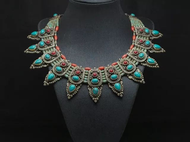 Huge Vintage Tibetan Silver Necklaces Turquoise Coral Stone Multi strands Beads