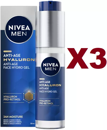 3 Pz Nivea Men Anti Age Hyaluron Face Hydro Gel Viso 50Ml Idratante Riduce Rughe