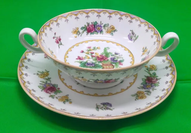 Spode Copelands Peplow 2 Handled Footed Cream Soup Bowl And Saucer