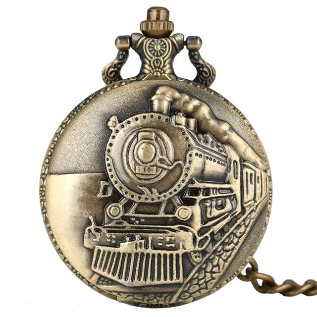 Antique Bronze Steam Train Quartz Pocket Watch Retro Vintage with Pendant Chain