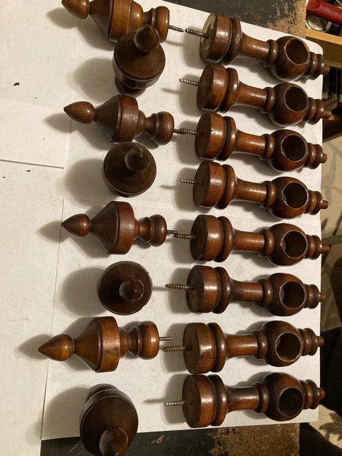 4 Old Sets Arts Craft Victorian Turned Wood Drapery Curtain Rod Brackets Finials 11