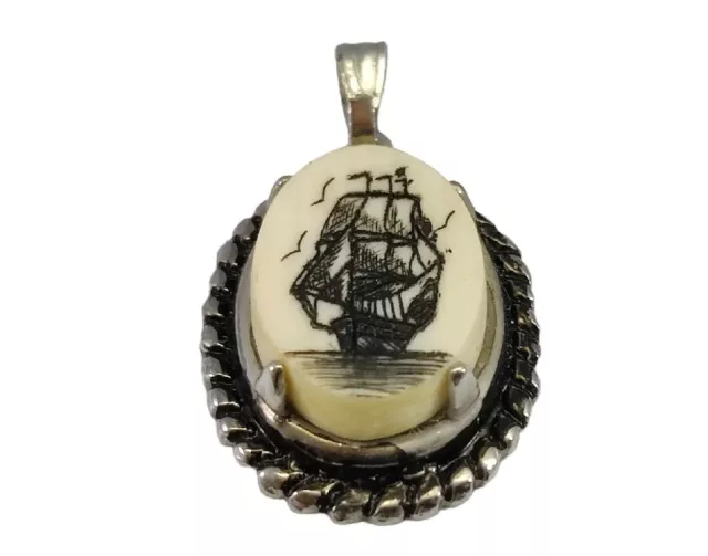 Vintage Scrimshaw Tallship Pendant Charm