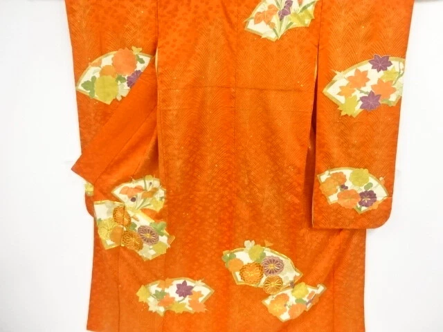 39544# Japanese Kimono / Antique Furisode / Embroidery / Kiku & Jigami Patte