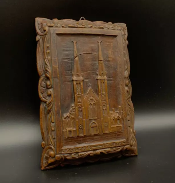 Church French Antique religious of Lourdes, 1850 Madonna Carved Wood Panel icon⭐