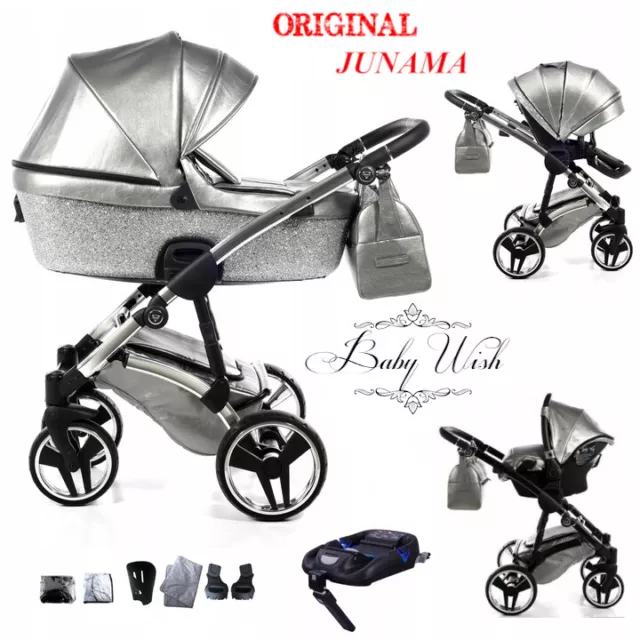 JUNAMA GLITTER V2  PRAM 2in1 3in1 CARRYCOT + PUSHCHAIR + CAR SEAT+ ISOFIX BASE