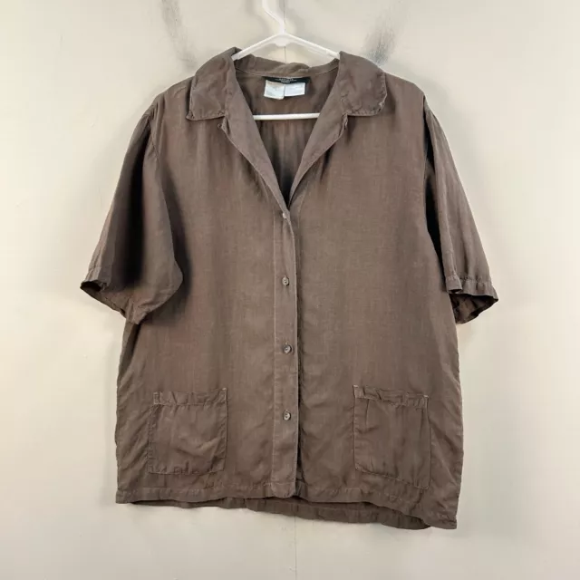 Max Mara Womens Large Blouse Shirt Top Brown Linen Short Sleeve Button Collar