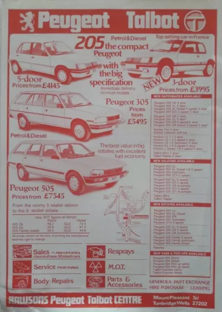 catalogue brochure prospectus PEUGEOT TALBOT CAR PRICE LIST 1985 - local garage