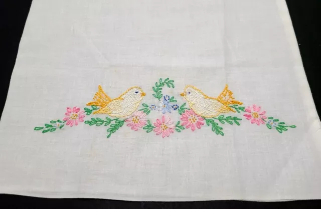 Vtg 20"x12" Hand Embroidered Baby Pillow Case Sham Cotton Cover Birds Flowers