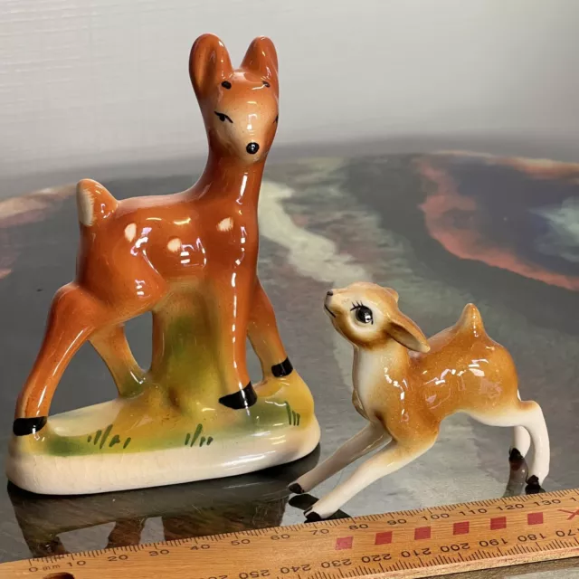 Vintage Anamorphic Porcelain Bambi Deer Figurines X 2 Made In Japan Handpainted