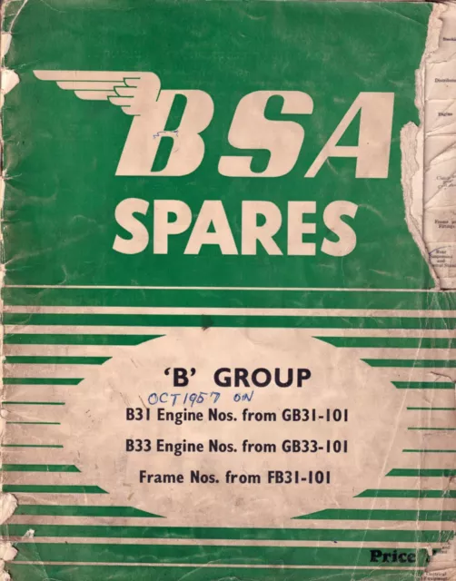 BSA B Group B31 B33 ~ 1957-1959 FB31-101 on ~ SPARES Catalogue Parts Book MANUAL