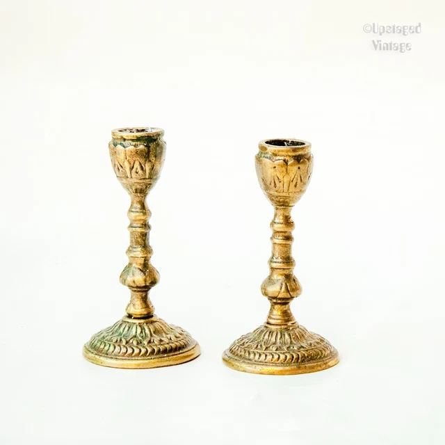 French Vintage PAIR of Gothic Brass Candlestick Candle Holders