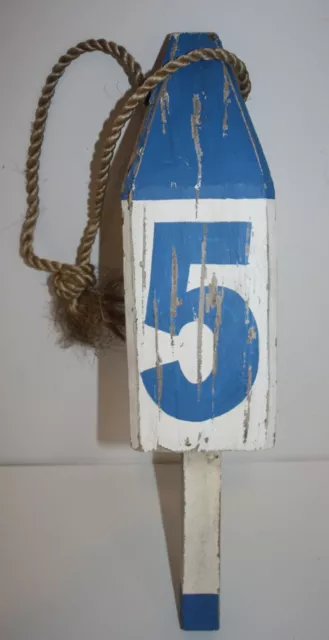 Naturally Weathered Wood Lobster Buoy Float White with Blue Number 5