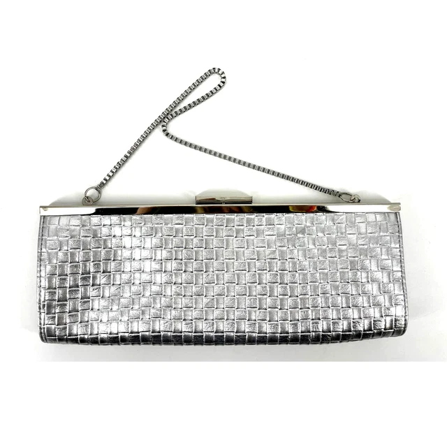 Vintage 90s Silver Woven Skinny Vegan Leather Chain Shoulder Bag Clutch Purse