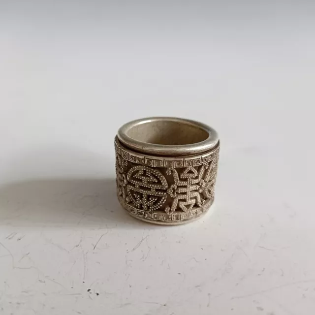 Exquisite Old Chinese tibet silver handcarved Fu auspicious Ring rotate