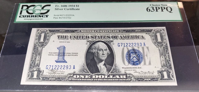 Fr 1606 1934 G71222293A $1 SC⭐CH CU PCGS 63PPQ⭐ Crisp Clean BANKNOTE