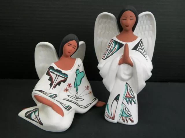 Navajo Native American Angel Hand Painted Ceramic Figurine Set of 2 Signed PN