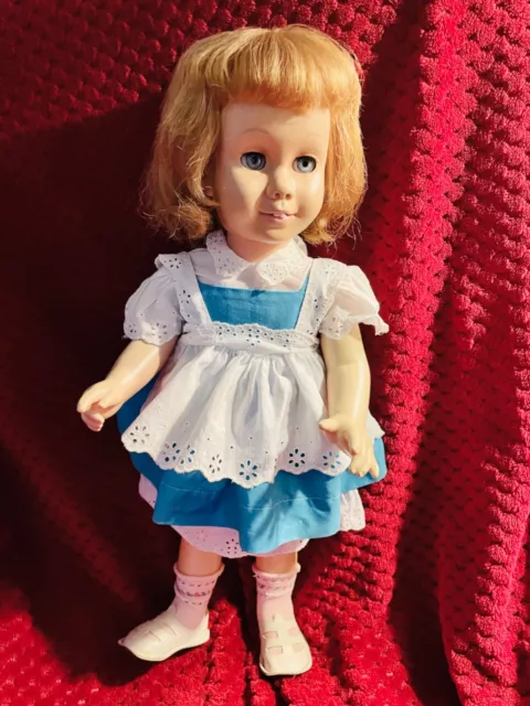 VINTAGE 1960 FIRST MATTEL CHATTY CATHY DOLL IN BLUE SUNDRESS OUTFIT, Garbled