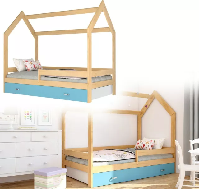 Culla con Cassetto Hausbett Casa Legno Pino Blu Bettenkauf 160x80cm