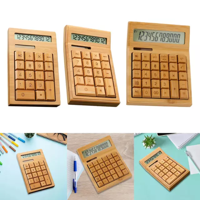 Solar Calculator Bamboo Large Buttons Easy to Read Wood Dual Power Calculator